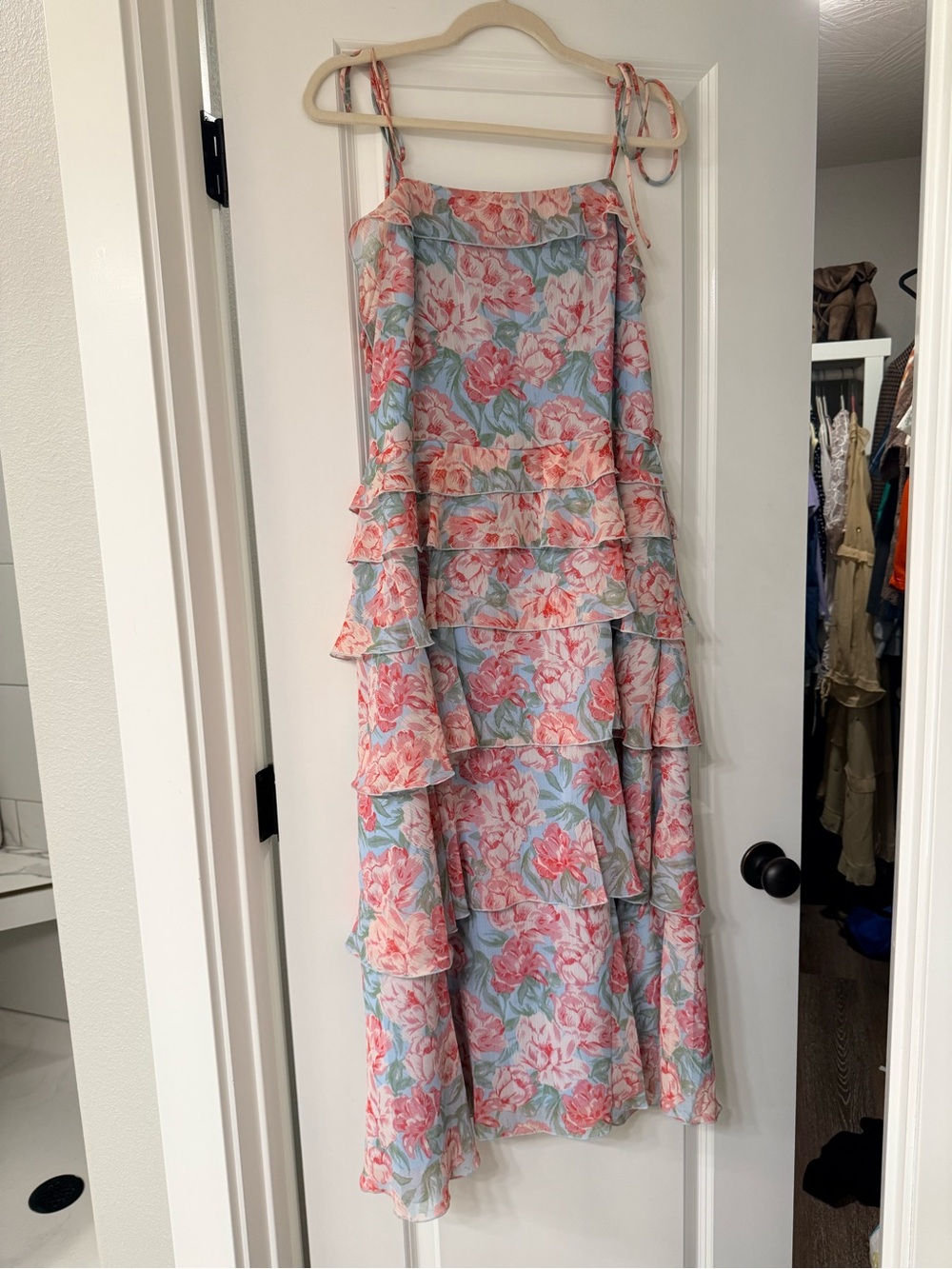 HYFVE Pink Floral Layered Maxi Dress with Blue-Green Background